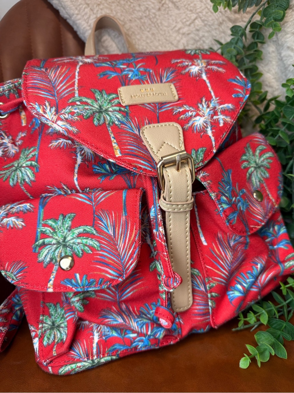 Molly Bracken Red Tropical Palm Backpack with Tan Trim